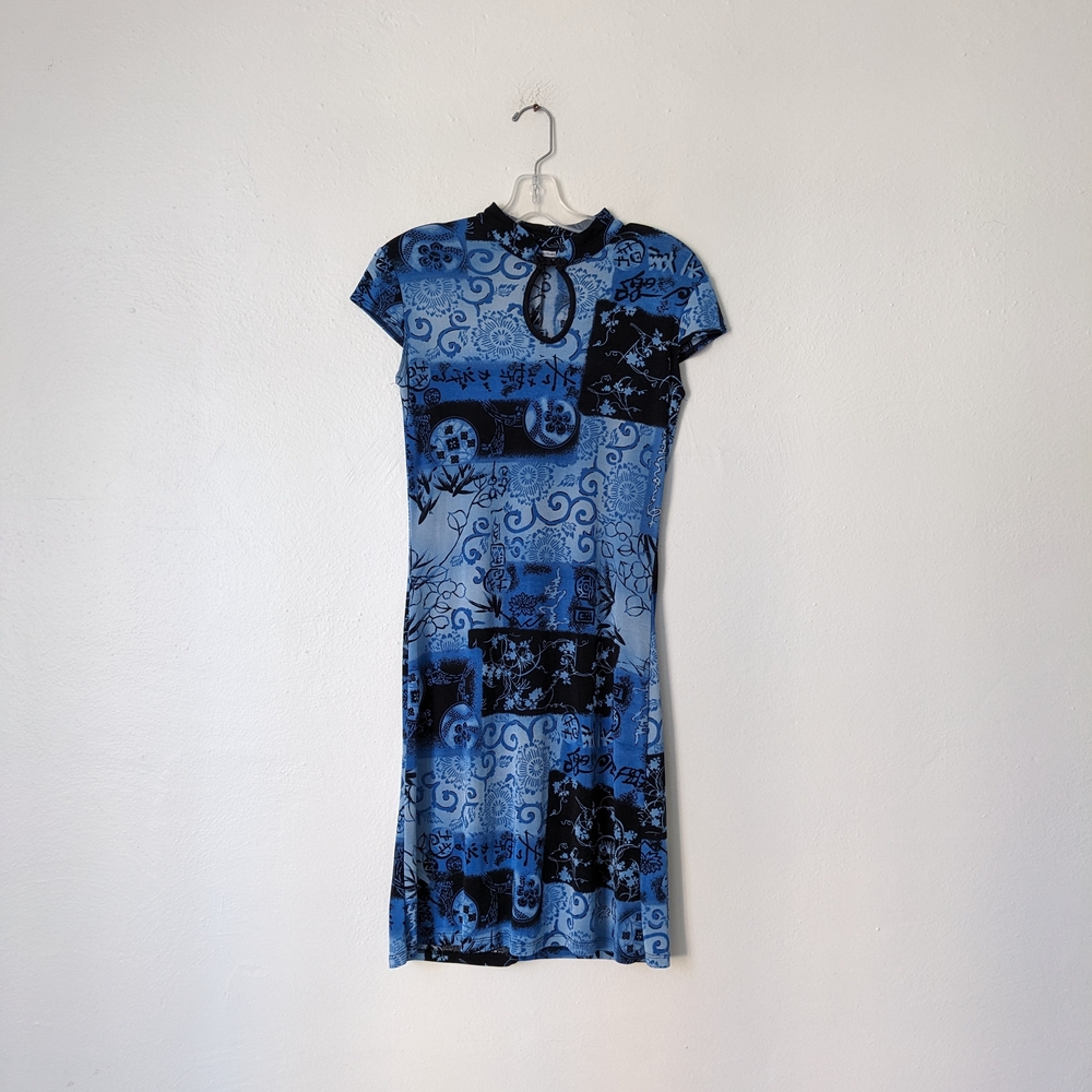 M Collection Blue and Black Sheath Mini Dress